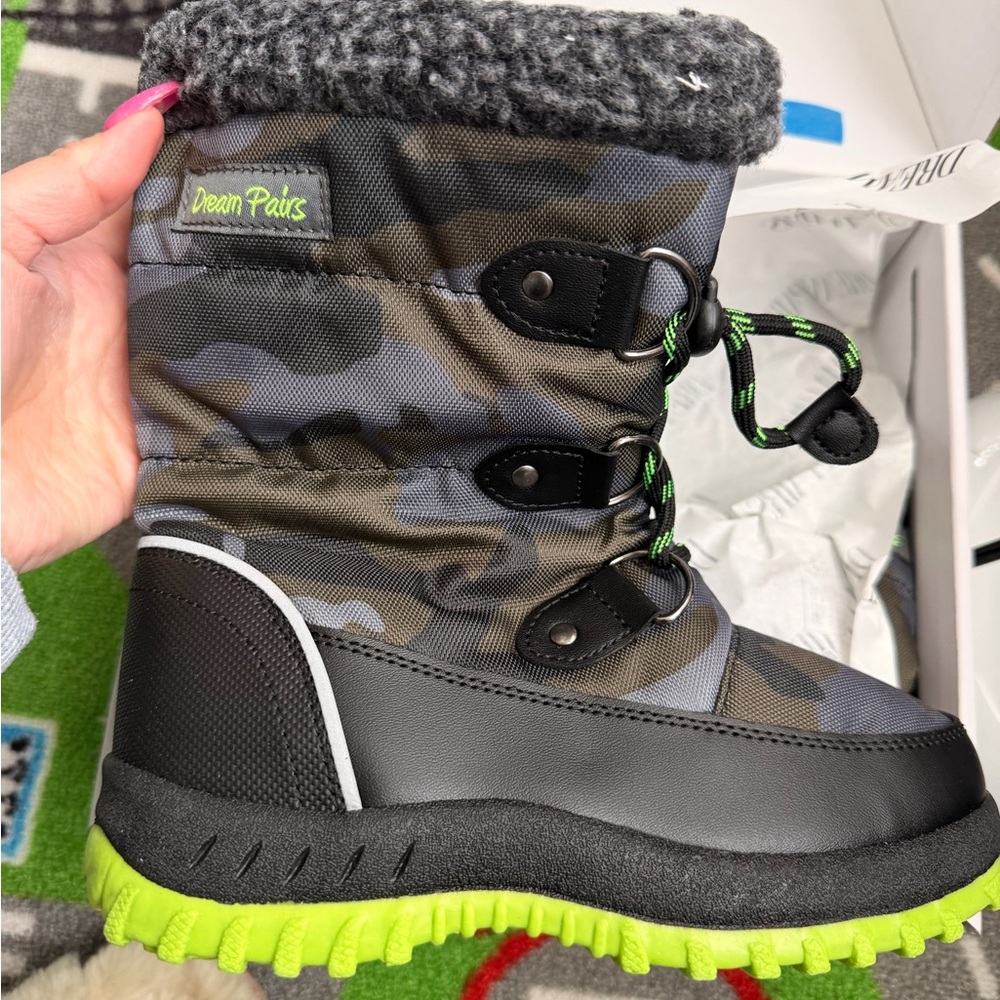 Dream Pairs Kids Camouflage Snow Boots with Neon Green Accents